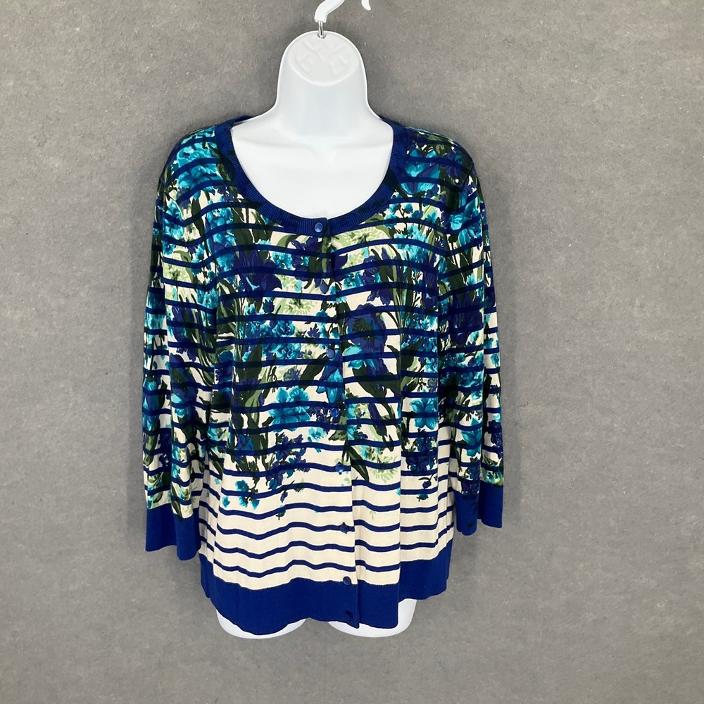 Talbots Cardigan Womens Sz‎ XL Floral Print Button Up Striped Blue Green Sweater